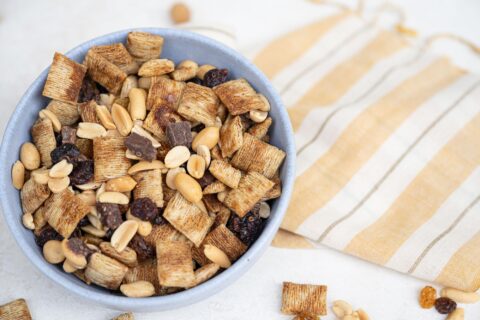 one bowl full of chocolate chips mixed with crackers